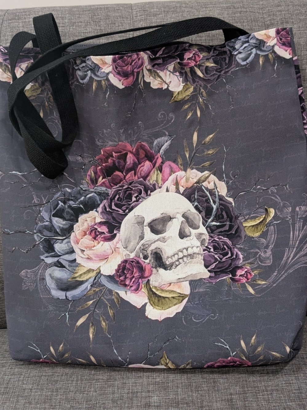 Floral Skull Canvas Tote Bag in Dark Gray with Black Straps